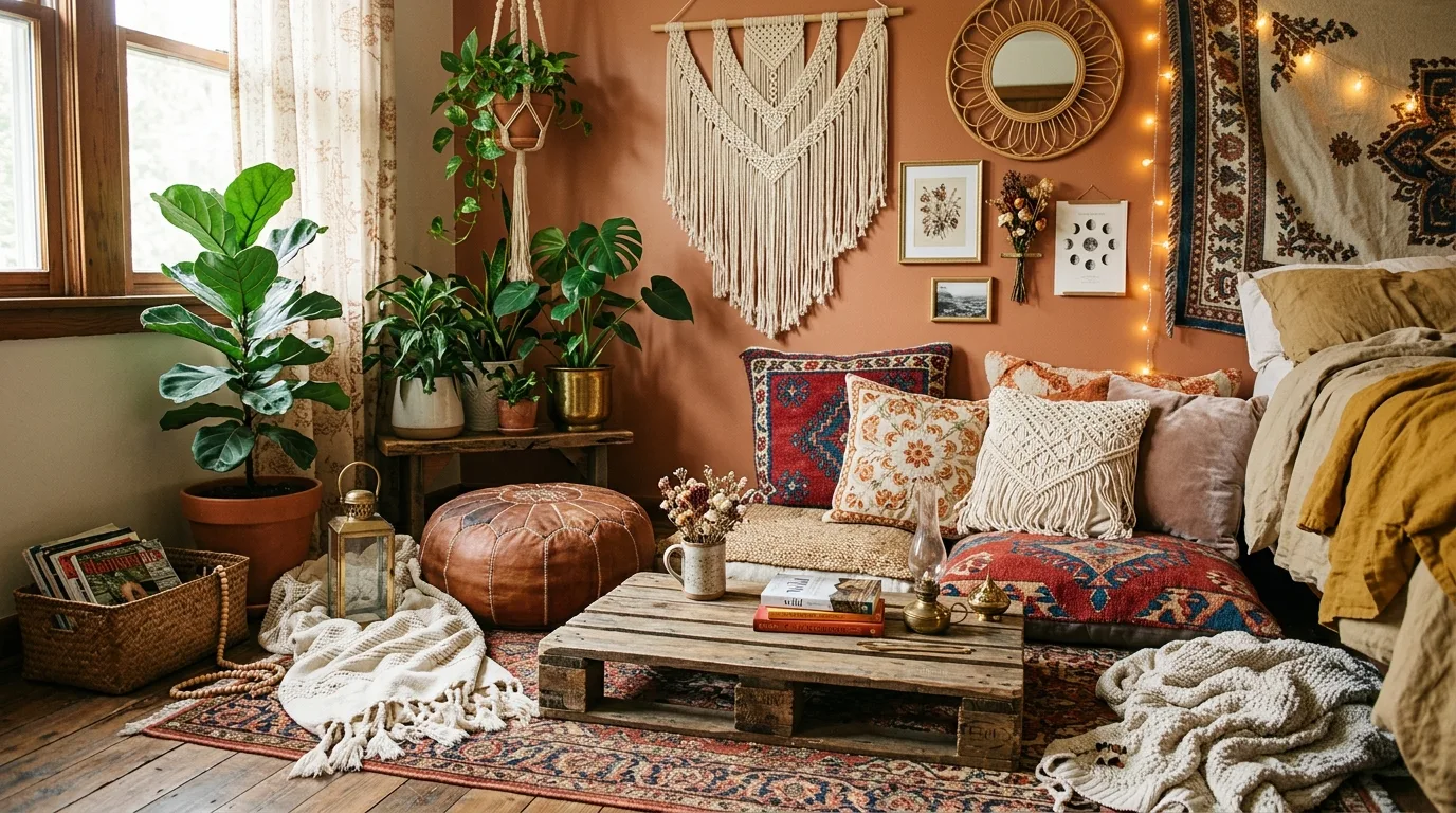 Let warm wood help ground the eclectic mix inspiration for a boho bedroom.